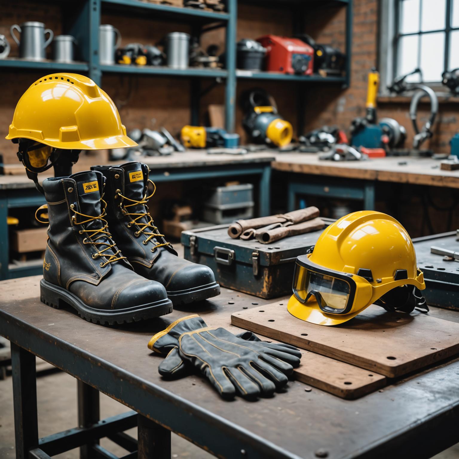 Safety gear and personal protective equipment in a metal fabrication workshop